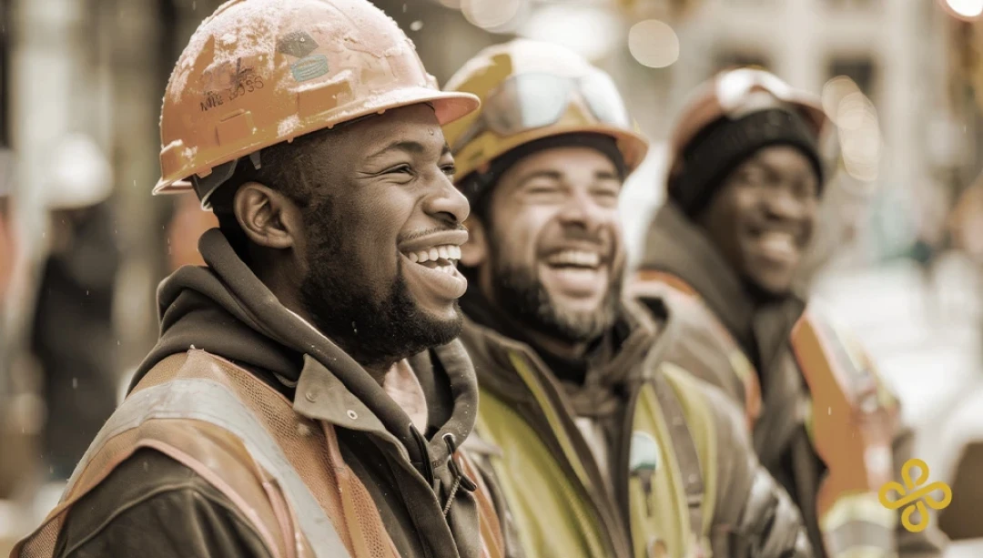 Three happy construction workers